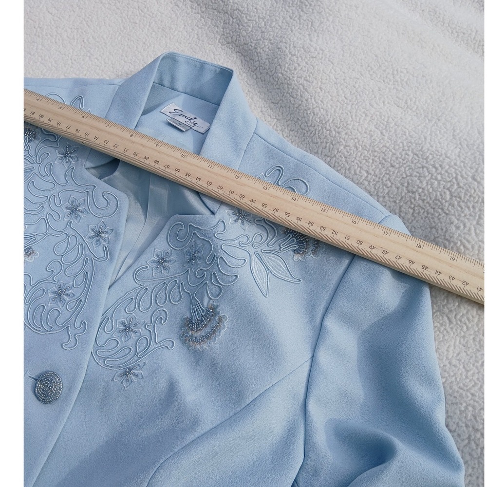 Emily Skirt Suit Set Womens 12 Blue Excellent Embroidered Sequin Vintage Style - Picture 2 of 10